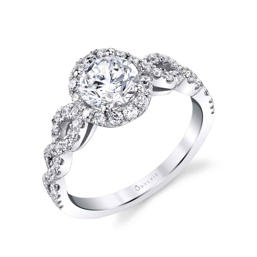 (14K White) Elliette - Spiral Engagement Ring with Round Halo