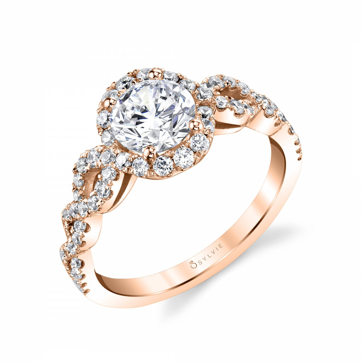 (18K Rose) Elliette - Spiral Engagement Ring with Round Halo
