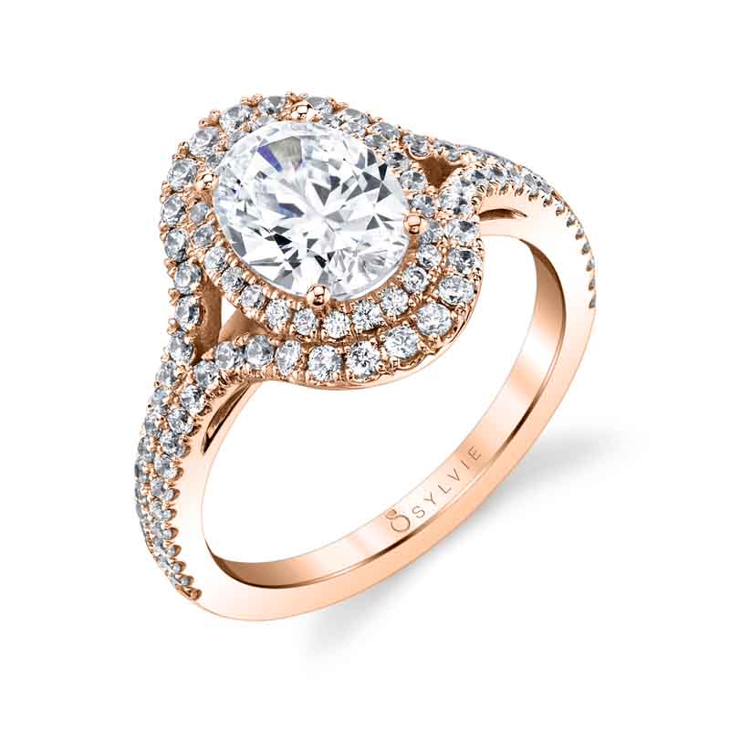 (18K Rose) Poppy - Oval-Shaped Double Halo Engagement Ring