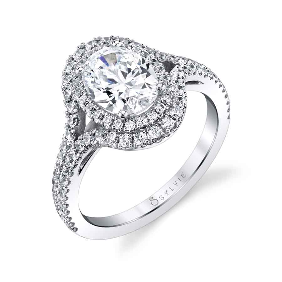 (18K White) Poppy - Oval-Shaped Double Halo Engagement Ring