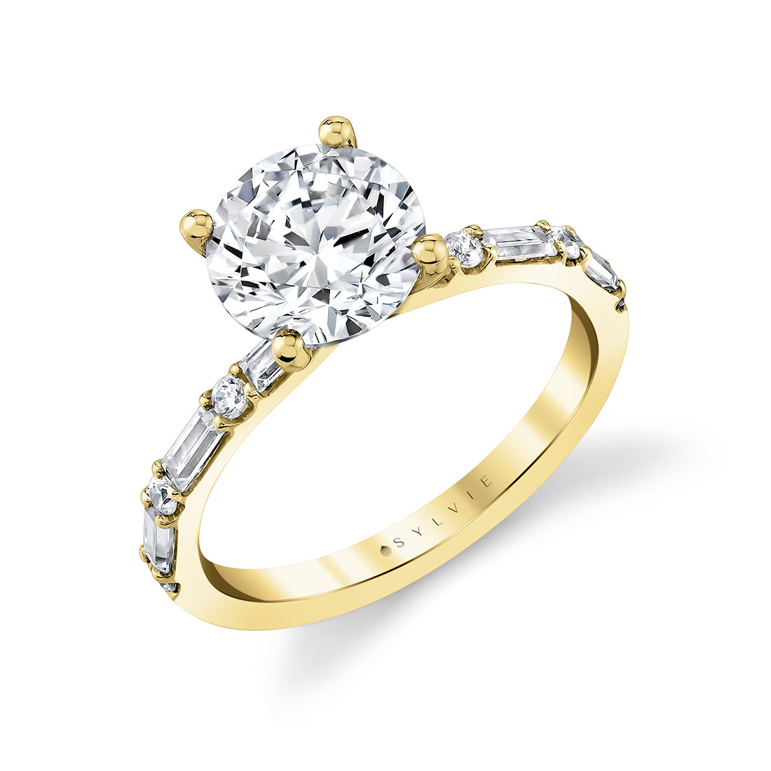(14K Yellow) Round Cut Alternating Diamond and Baguette Engagement Ring - Bonnie