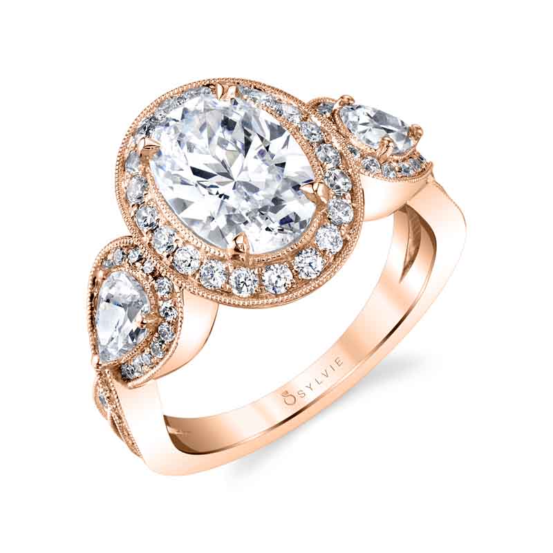 (14K Rose) Zara - Three Stone Oval Engagement Ring