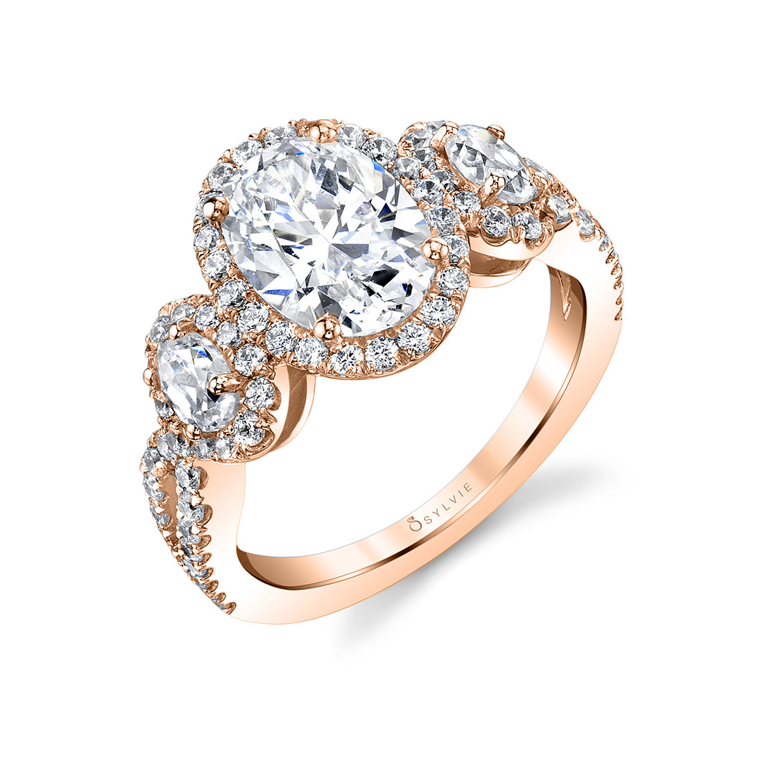 (14K Rose) 3 Stone Oval Engagement Ring - Dorothee