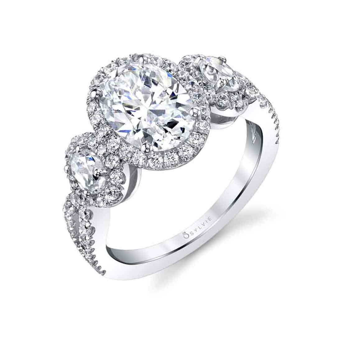 (18K White) 3 Stone Oval Engagement Ring - Dorothee