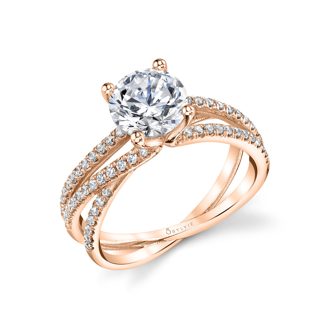 (14K Rose) Modern Spiral Engagement Ring with Triple Split Shank - Antonella