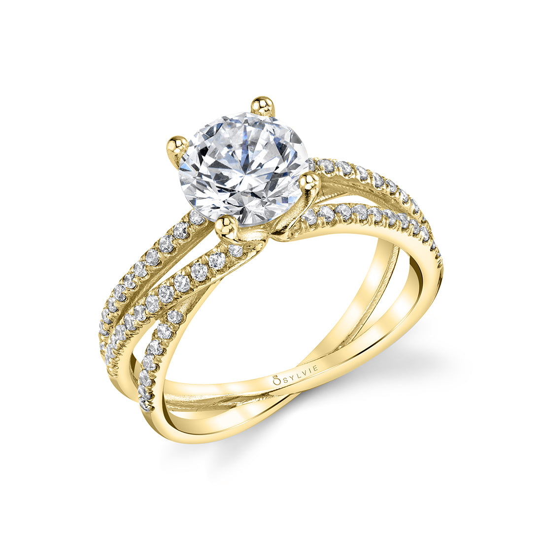 (14K Yellow) Modern Spiral Engagement Ring with Triple Split Shank - Antonella