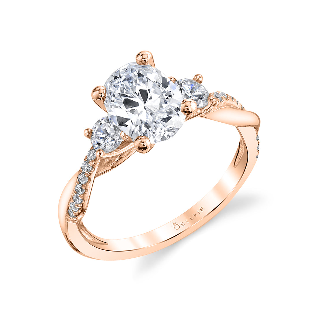 (14K Rose) Oval Cut Three Stone Spiral Engagement Ring - Evangeline