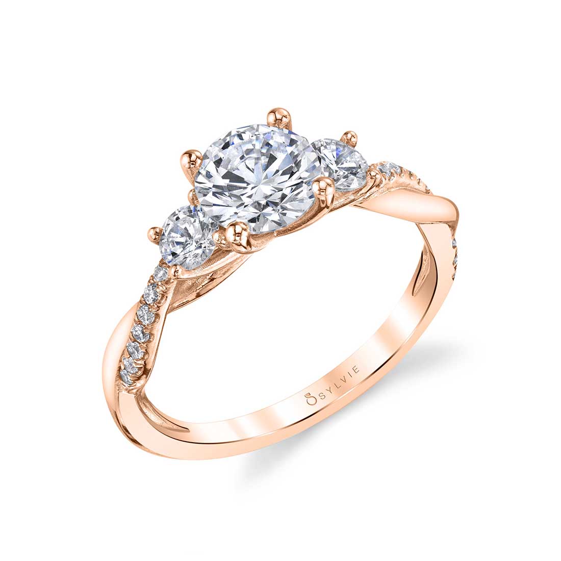 (14K Rose) Round Cut Three Stone Spiral Engagement Ring - Evangeline