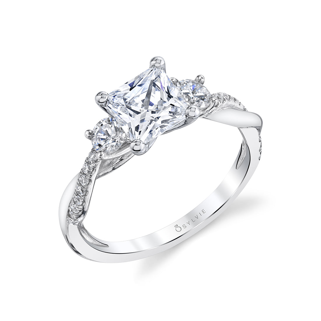 (Gallery) Princess Cut Three Stone Spiral Engagement Ring - Evangeline