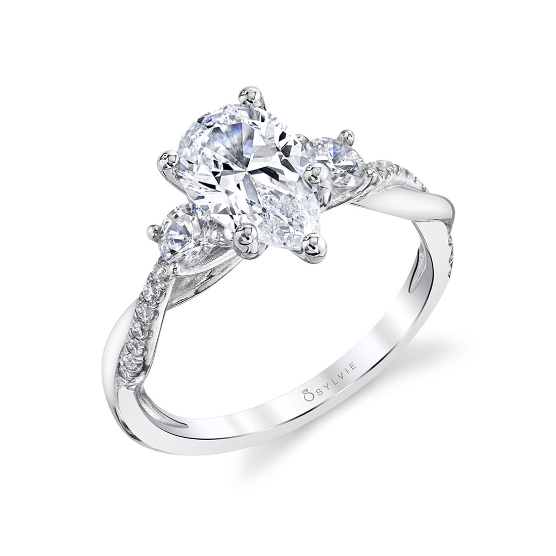 (14K White) Pear Shaped Three Stone Spiral Engagement Ring - Evangeline