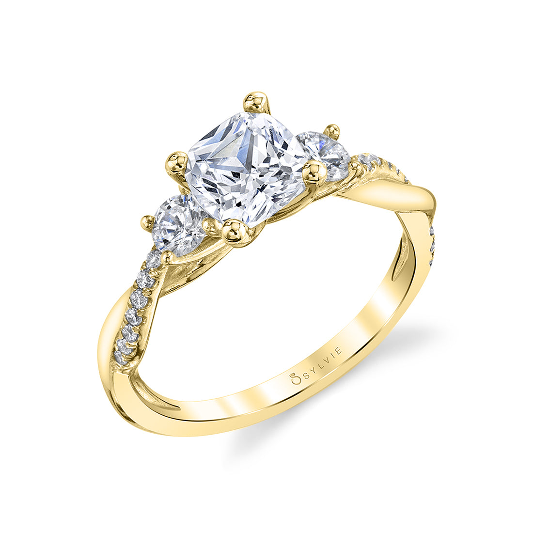 (14K Yellow) Cushion Cut Three Stone Spiral Engagement Ring - Evangeline