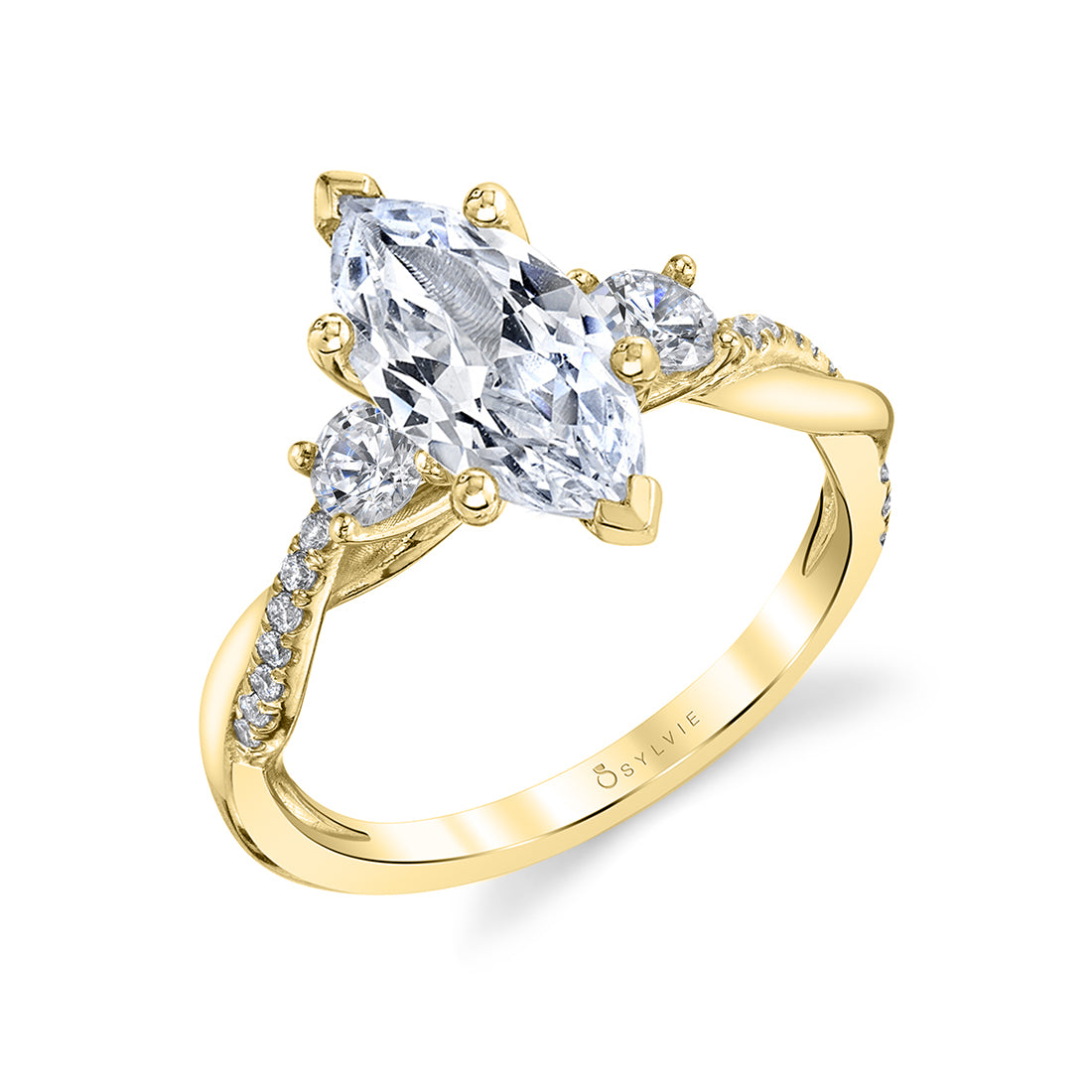 (14K Yellow) Marquise Cut Three Stone Spiral Engagement Ring - Evangeline