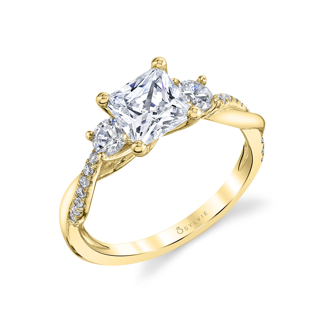 (14K Yellow) Princess Cut Three Stone Spiral Engagement Ring - Evangeline