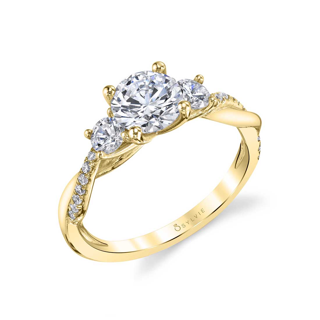 (14K Yellow) Round Cut Three Stone Spiral Engagement Ring - Evangeline