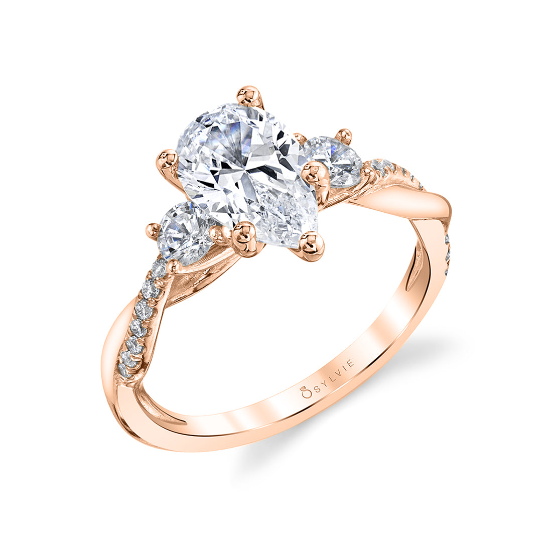 (18K Rose) Pear Shaped Three Stone Spiral Engagement Ring - Evangeline