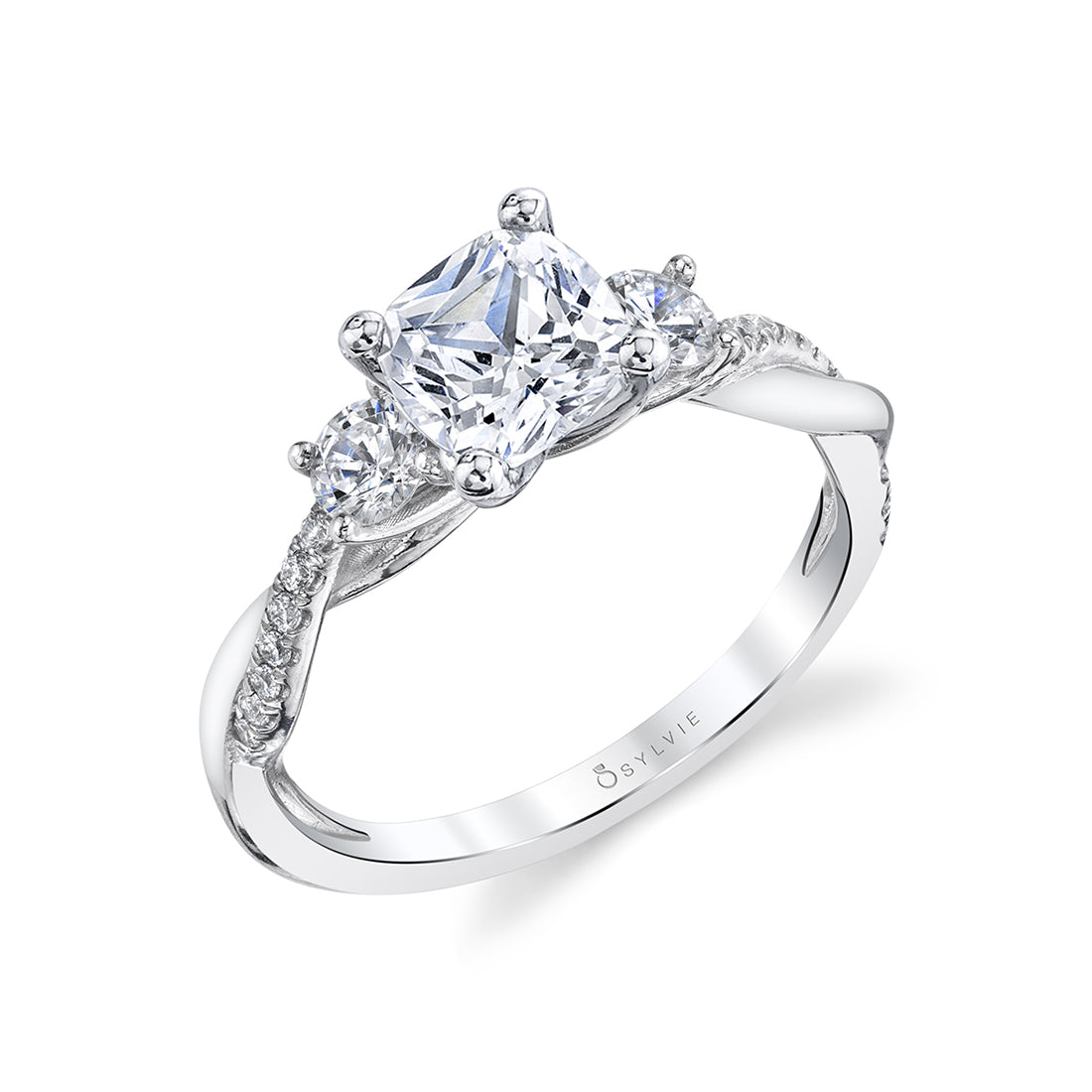 (18K White) Cushion Cut Three Stone Spiral Engagement Ring - Evangeline