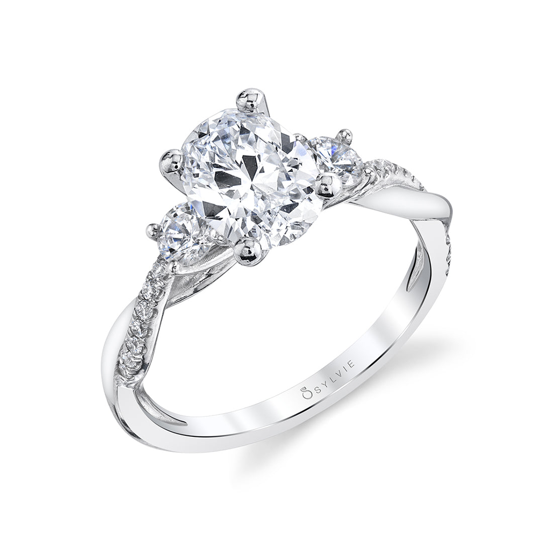 (18K White) Oval Cut Three Stone Spiral Engagement Ring - Evangeline