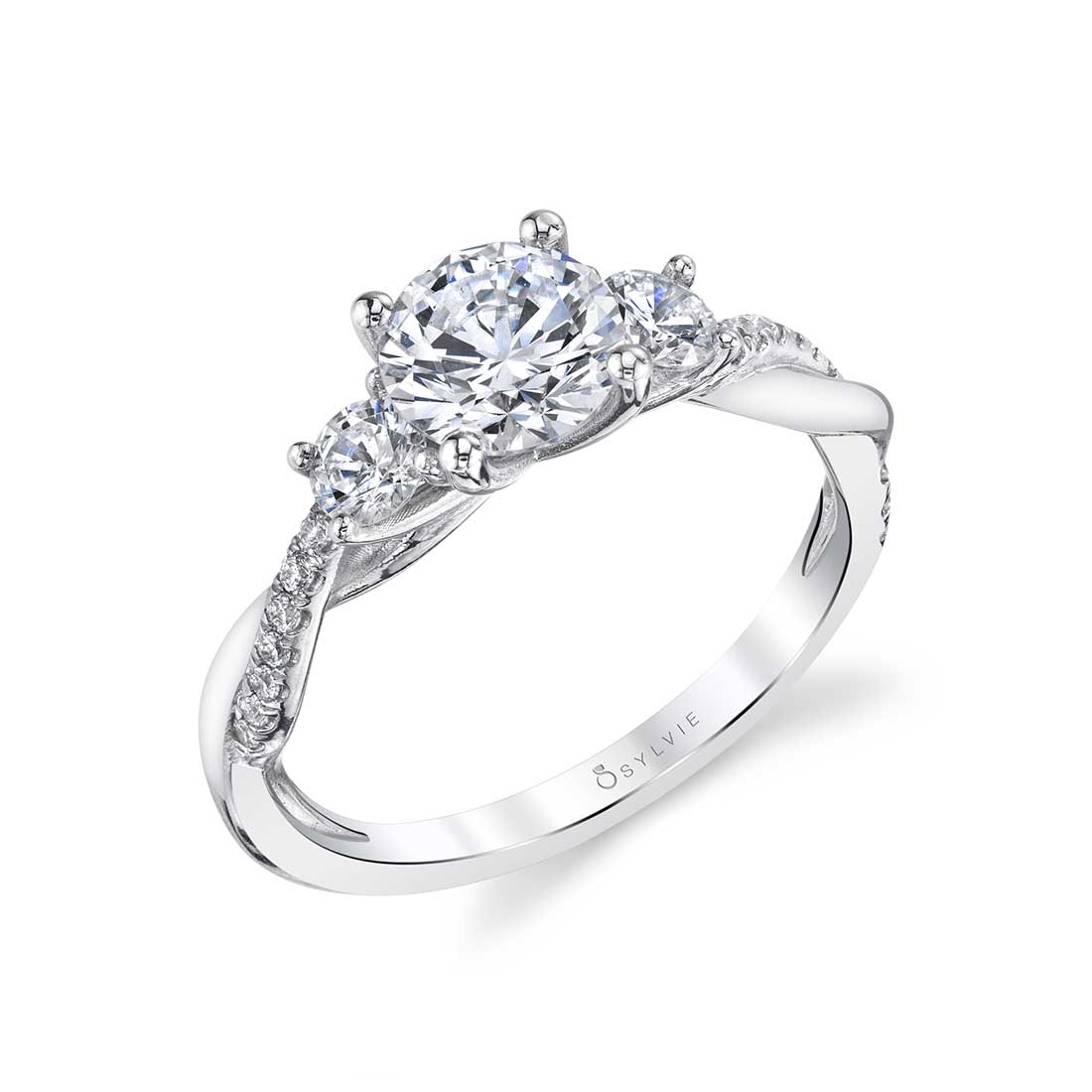 (18K White) Round Cut Three Stone Spiral Engagement Ring - Evangeline