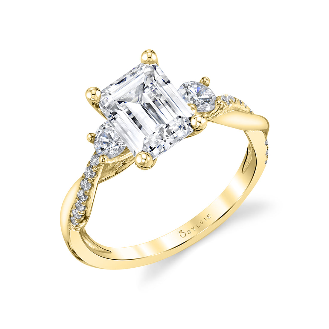 (18K Yellow) Emerald Cut Three Stone Spiral Engagement Ring - Evangeline