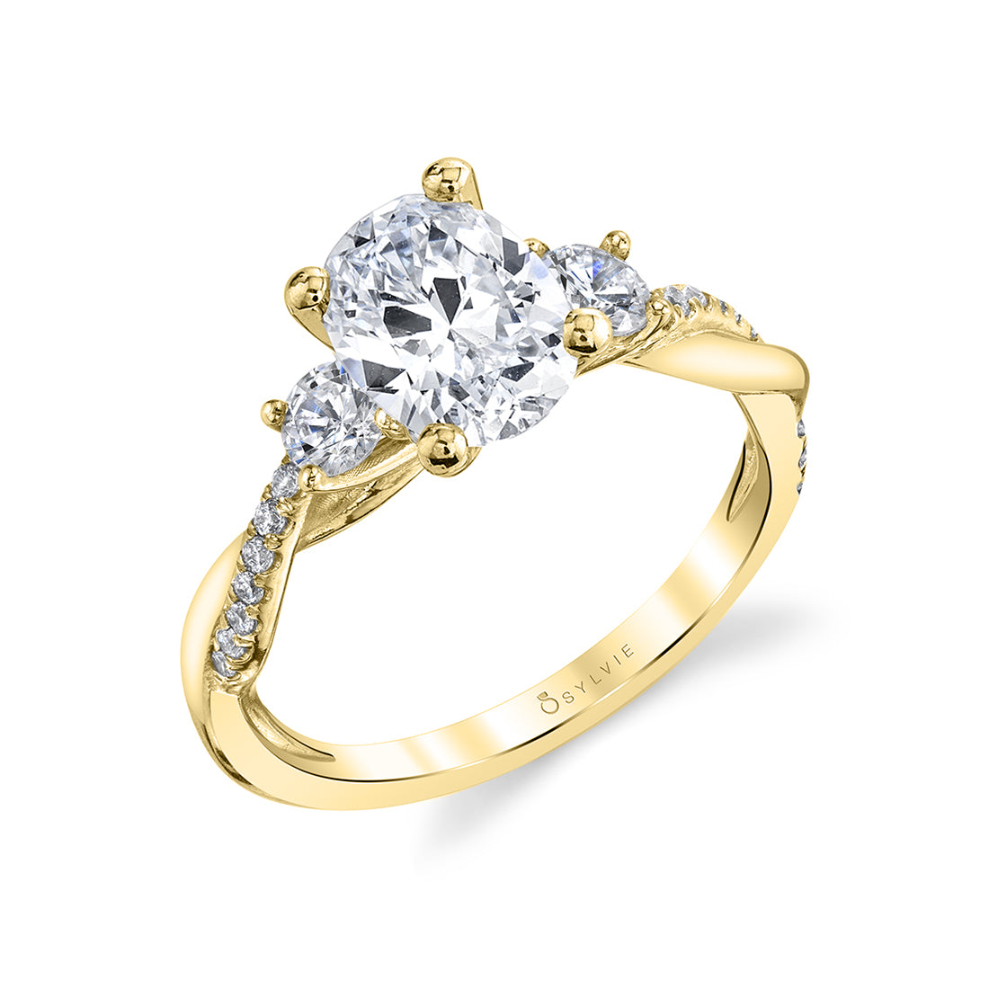 (18K Yellow) Oval Cut Three Stone Spiral Engagement Ring - Evangeline