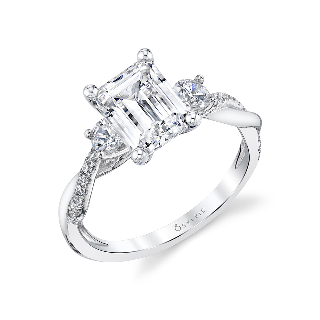 (Platinum White) Emerald Cut Three Stone Spiral Engagement Ring - Evangeline