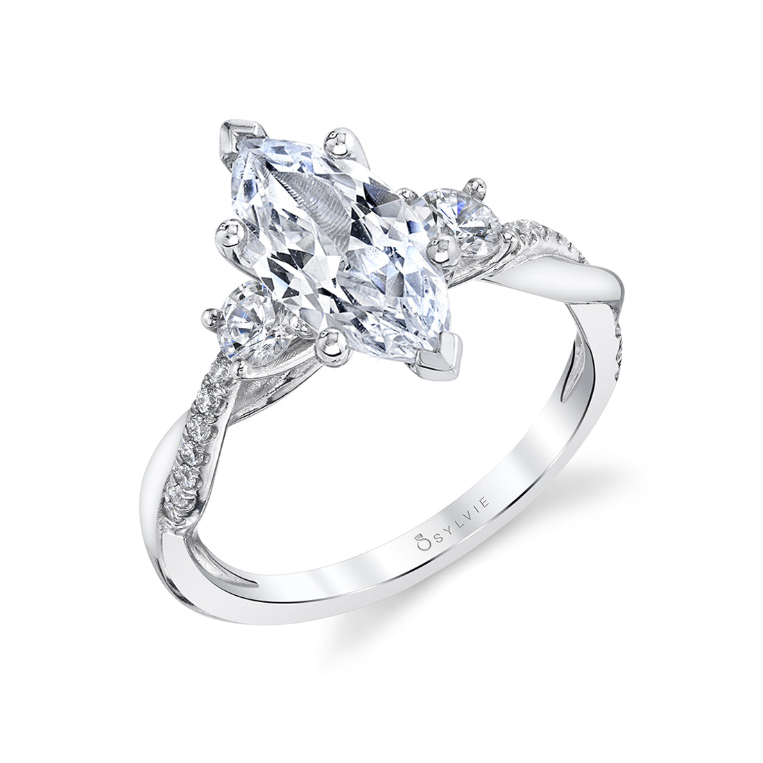 (Platinum White) Marquise Cut Three Stone Spiral Engagement Ring - Evangeline
