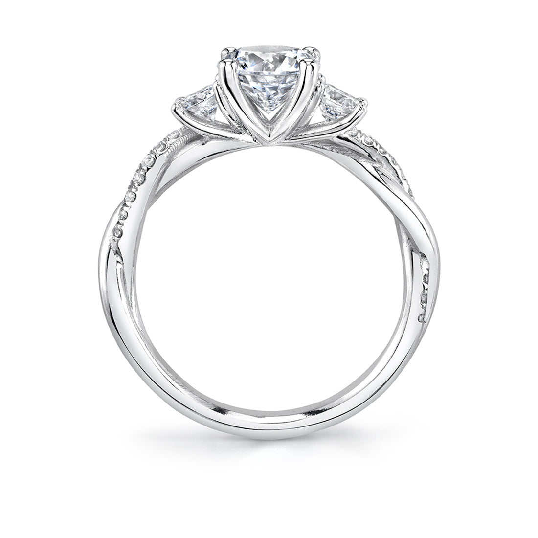 (Platinum White) Round Cut Three Stone Spiral Engagement Ring - Evangeline