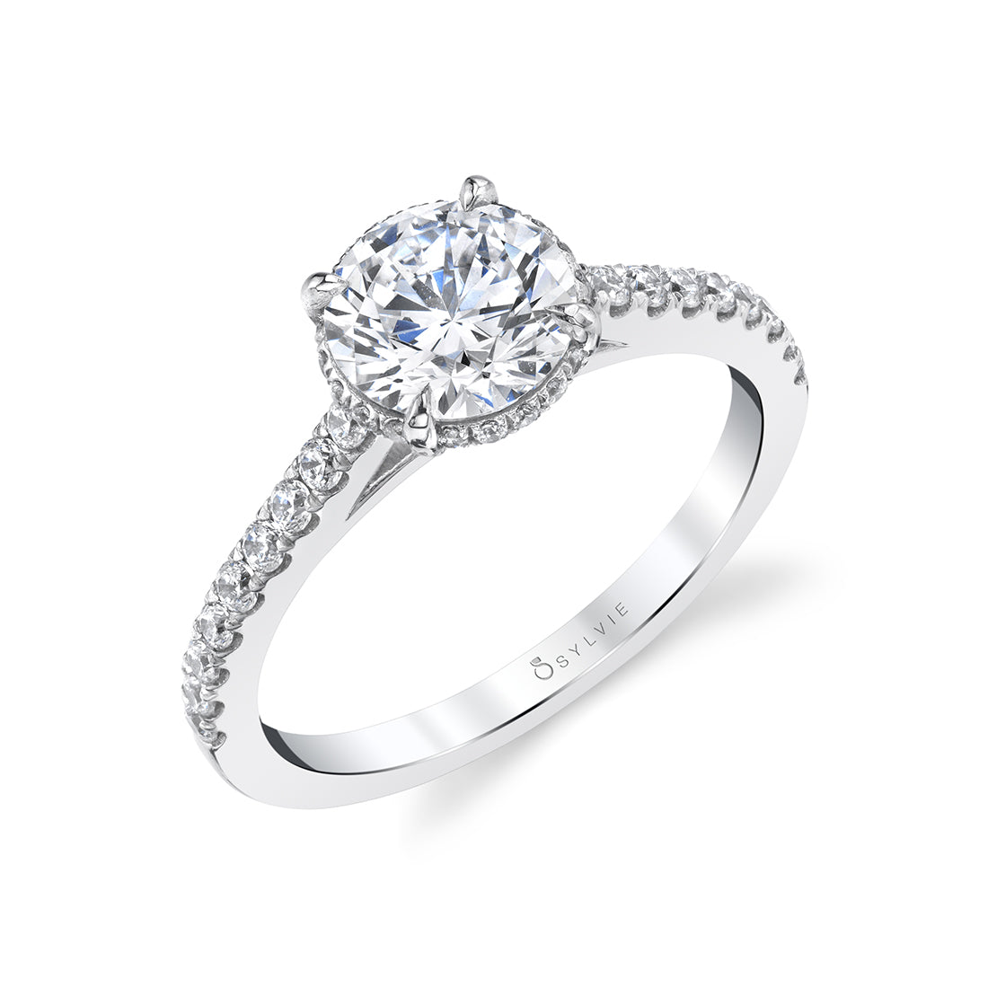 (14K White) Hidden Halo Engagement Ring - Vienna