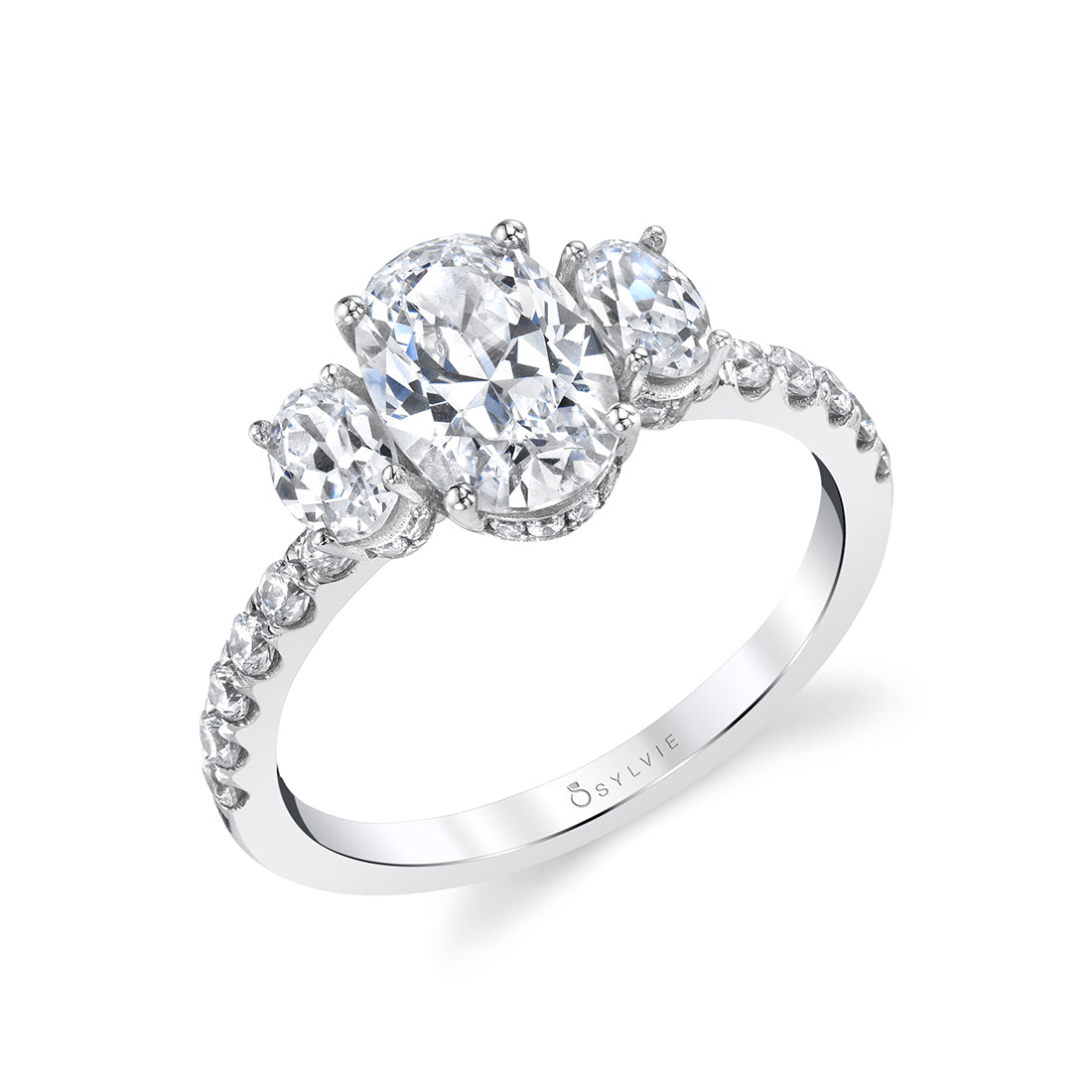 (14K White) Three Stone Oval Engagement Ring - Tasya