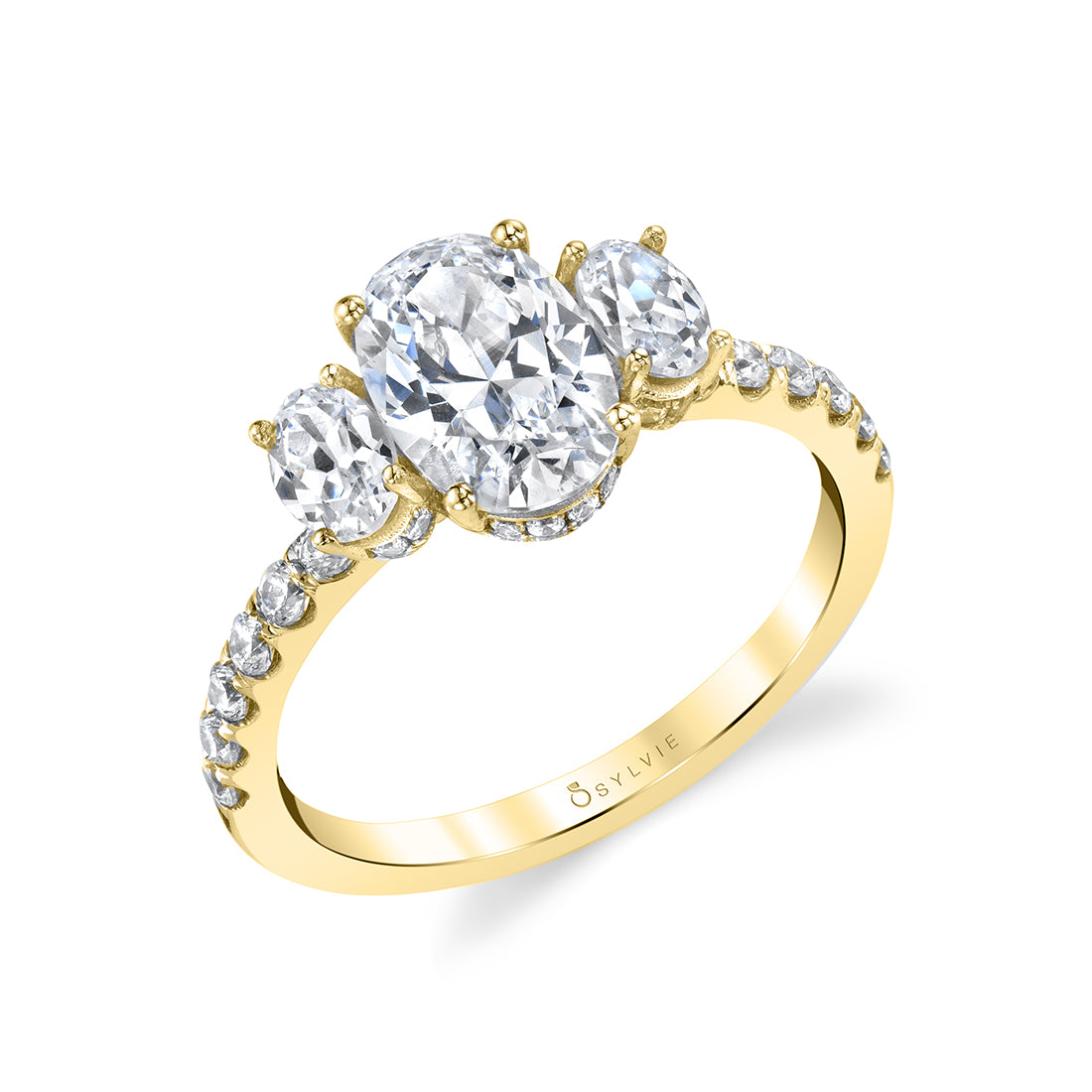 (14K Yellow) Three Stone Oval Engagement Ring - Tasya