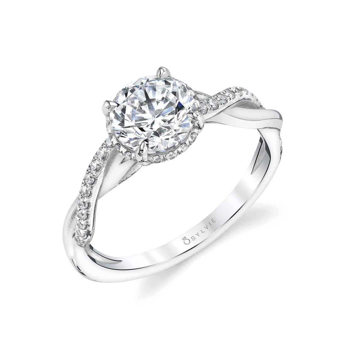 (14K White) Spiral Engagement Ring with Halo - Zia