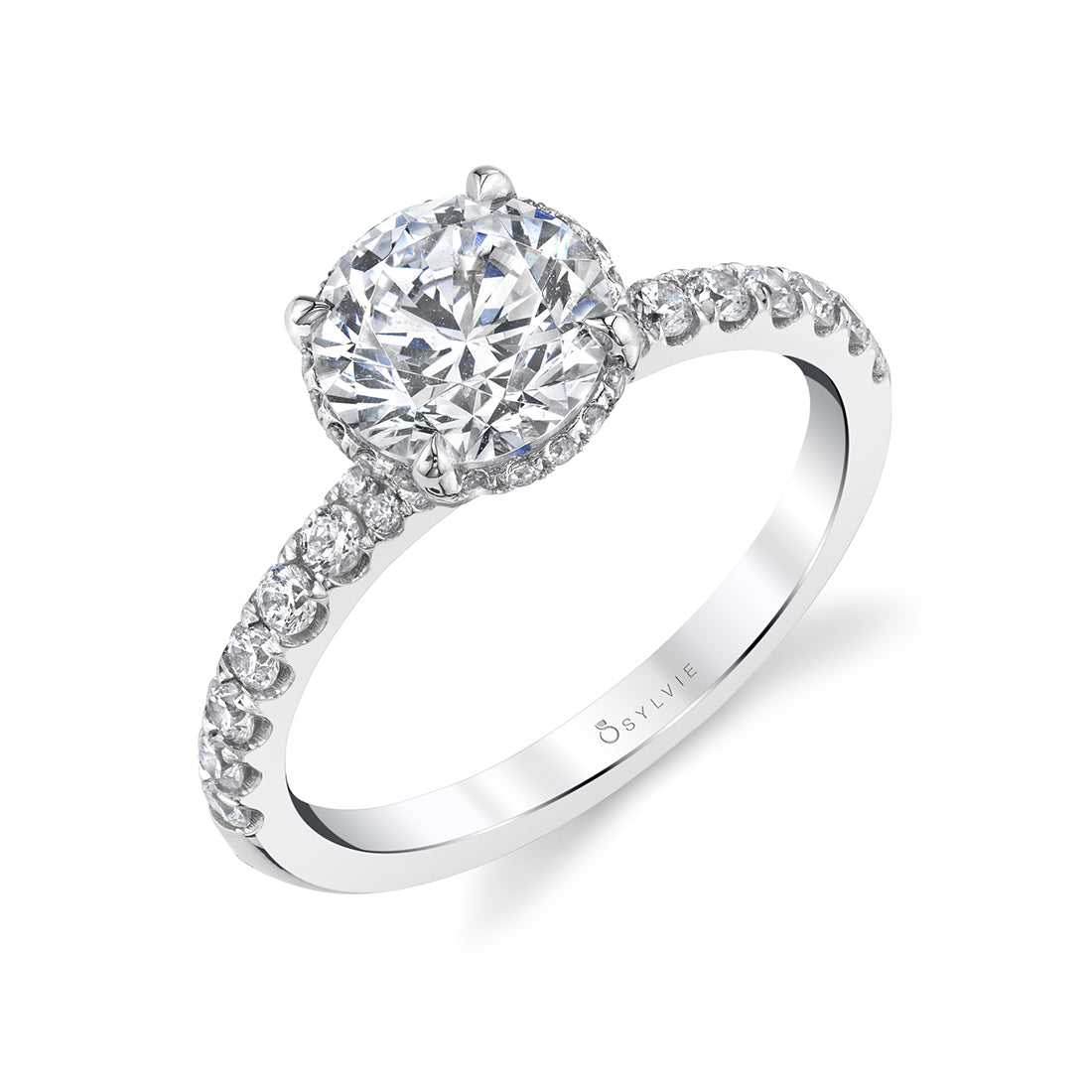 (14K White) Classic Engagement Ring with Hidden Halo - Xenia