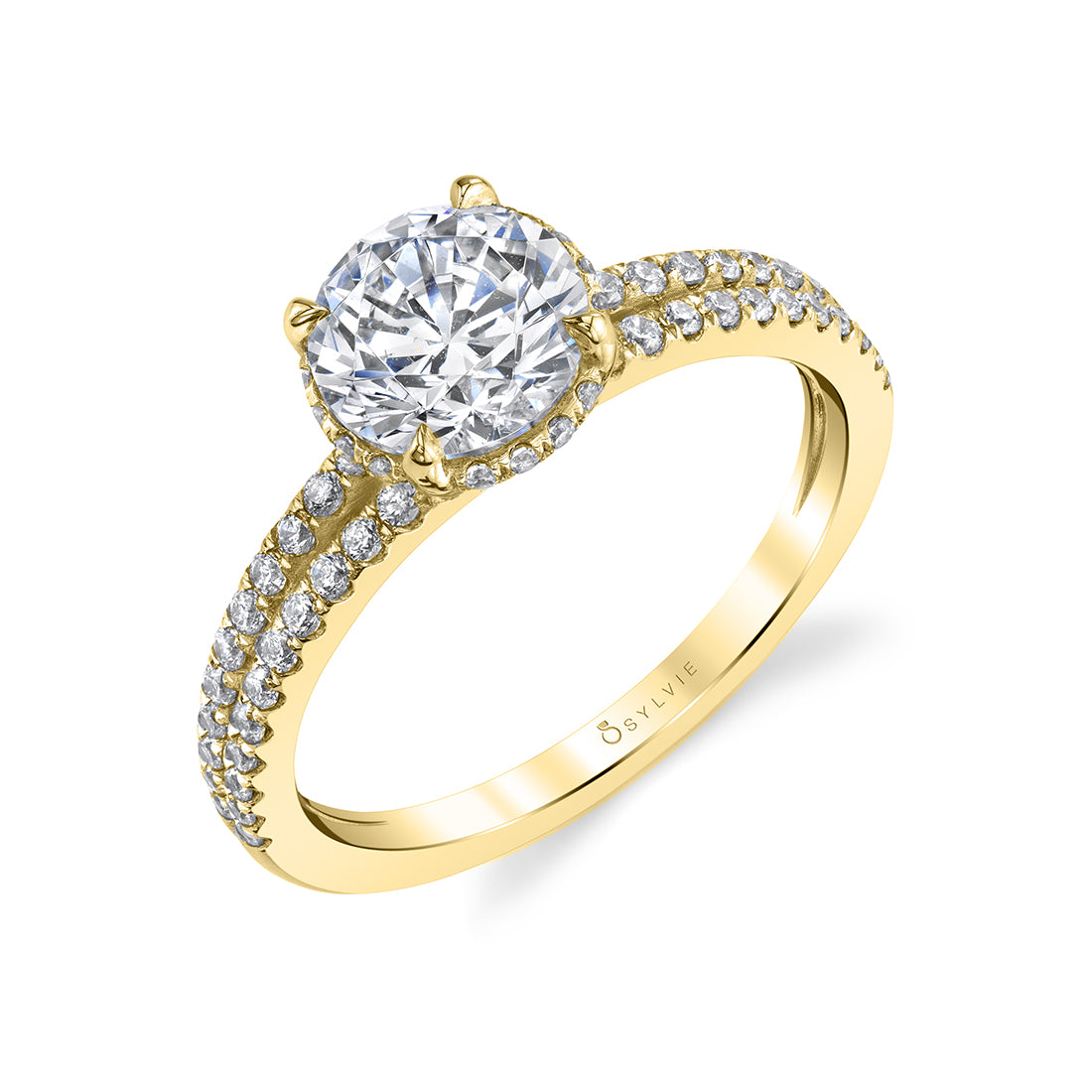 (18K Yellow) Classic Engagement Ring with Hidden Halo - Halle