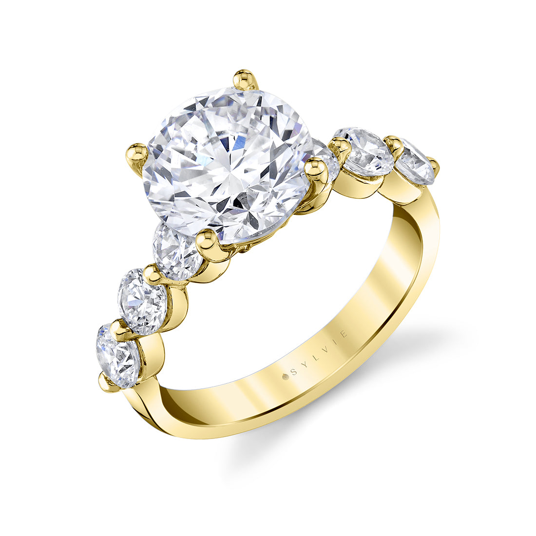 (14K Yellow) Round Cut Classic Shared Prong Engagement Ring - Imogen