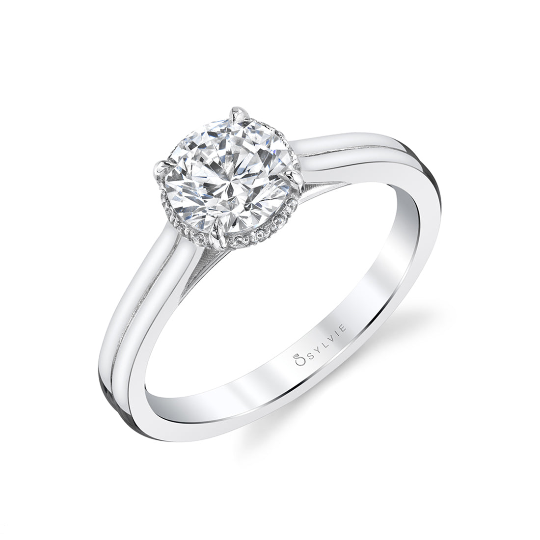 (14K White) Solitaire Engagement Ring with Hidden Halo - Annika