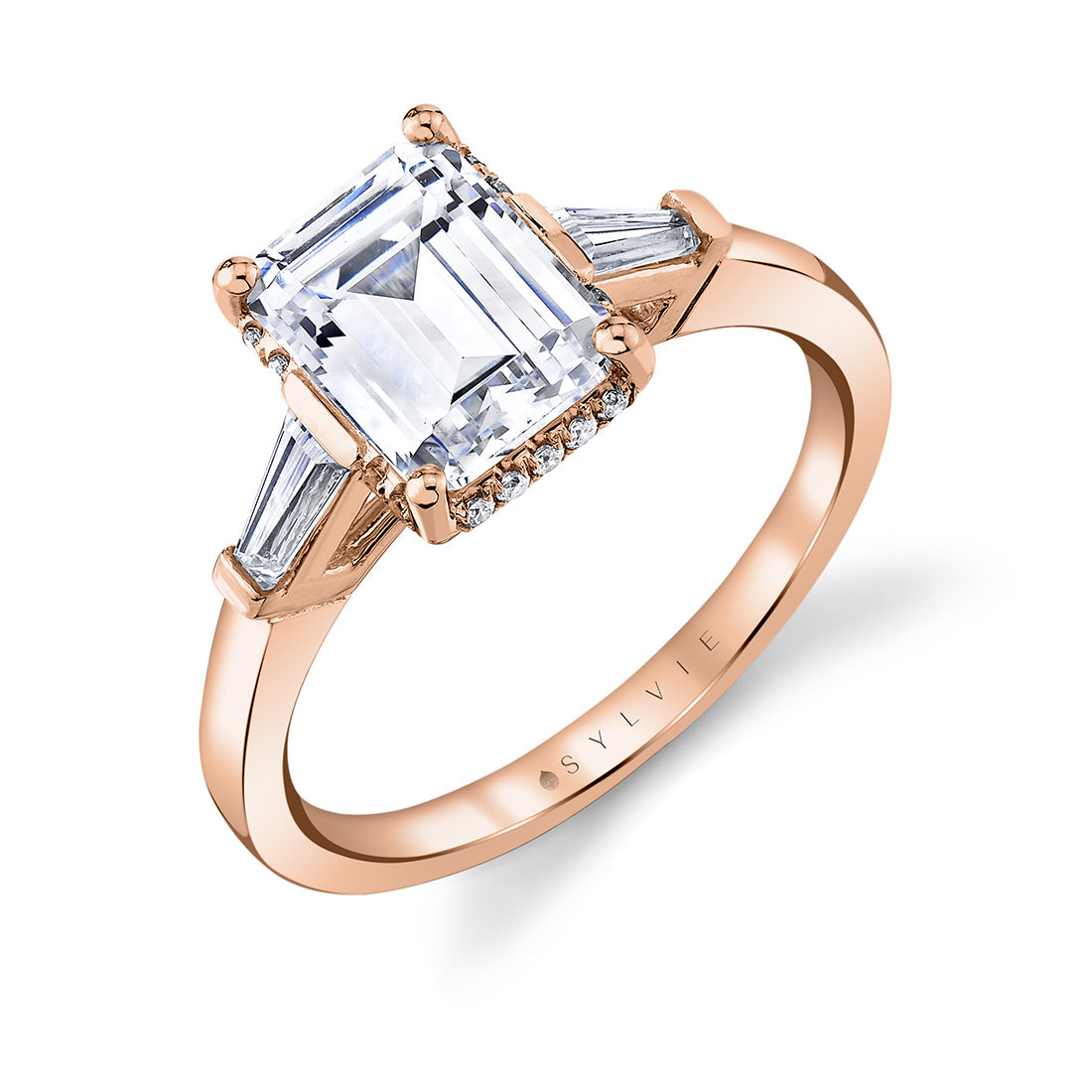 (14K Rose) Emerald Cut Three Stone Hidden Halo Engagement Ring - Karrigan