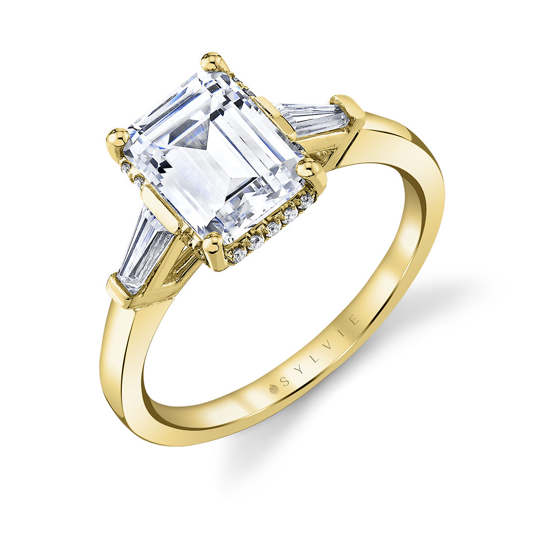 (18K Yellow) Emerald Cut Three Stone Hidden Halo Engagement Ring - Karrigan