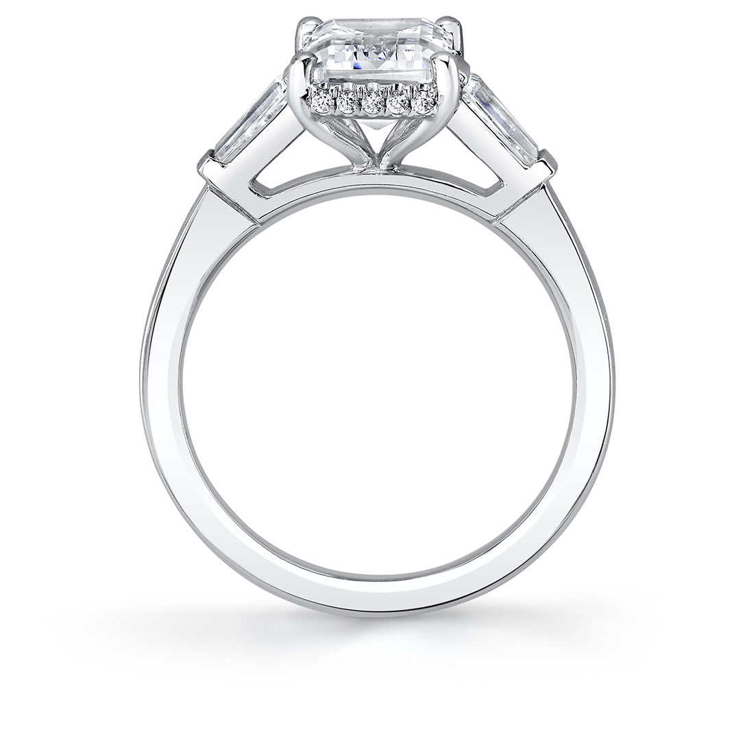 (Platinum White) Emerald Cut Three Stone Hidden Halo Engagement Ring - Karrigan