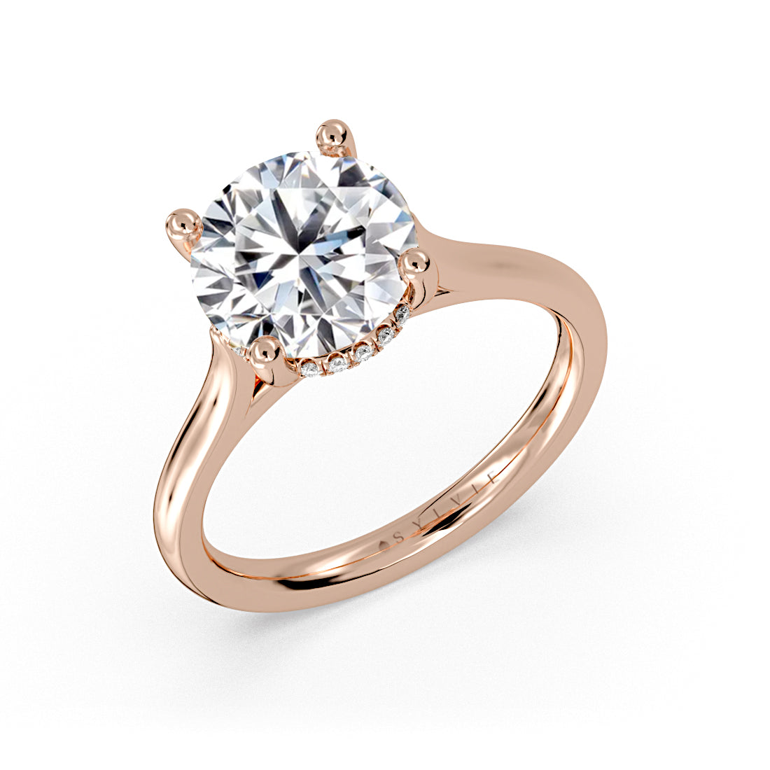 (18K Rose) Round Cut Solitaire Hidden Halo Cathedral Engagement Ring - Inez