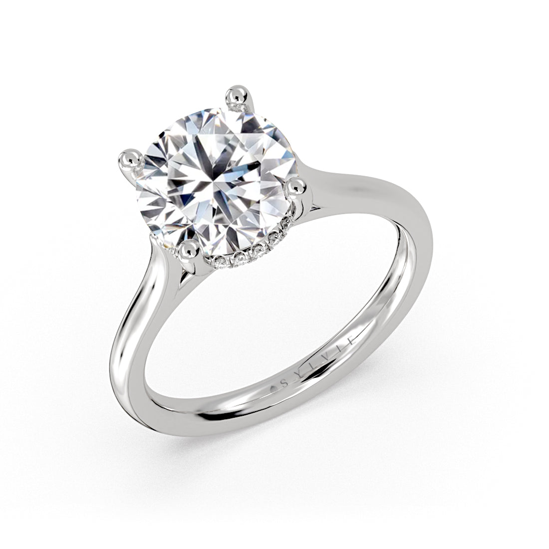 (18K White) Round Cut Solitaire Hidden Halo Cathedral Engagement Ring - Inez