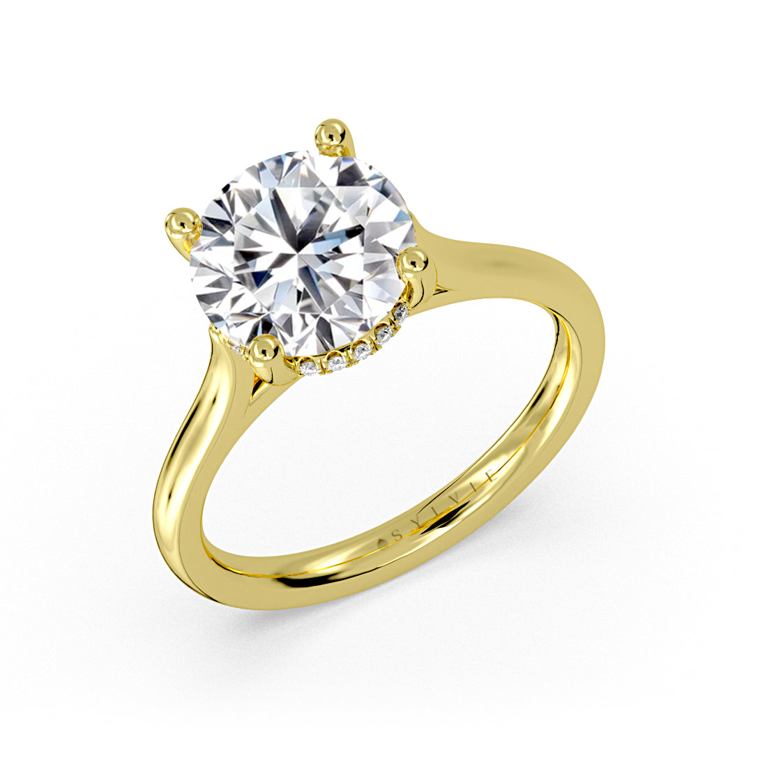 (18K Yellow) Round Cut Solitaire Hidden Halo Cathedral Engagement Ring - Inez