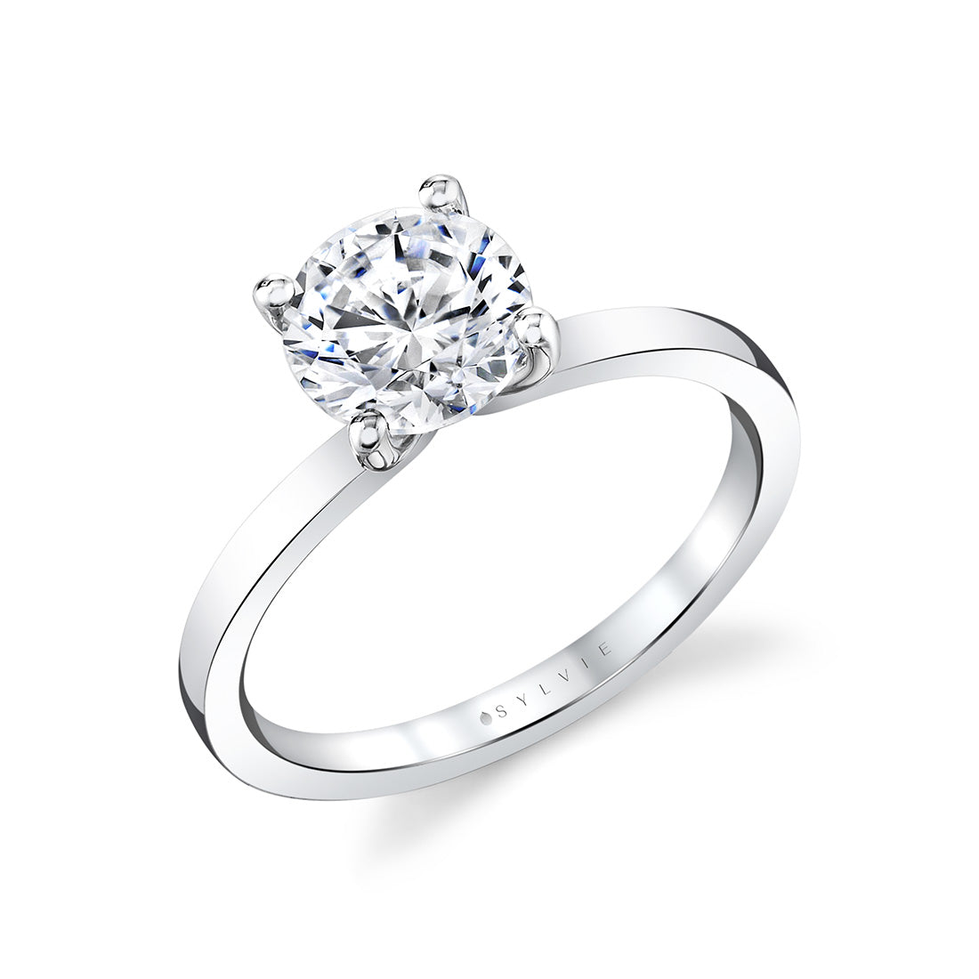 (18K White) Round Cut Flat Edge Solitaire Engagement Ring - Sydney