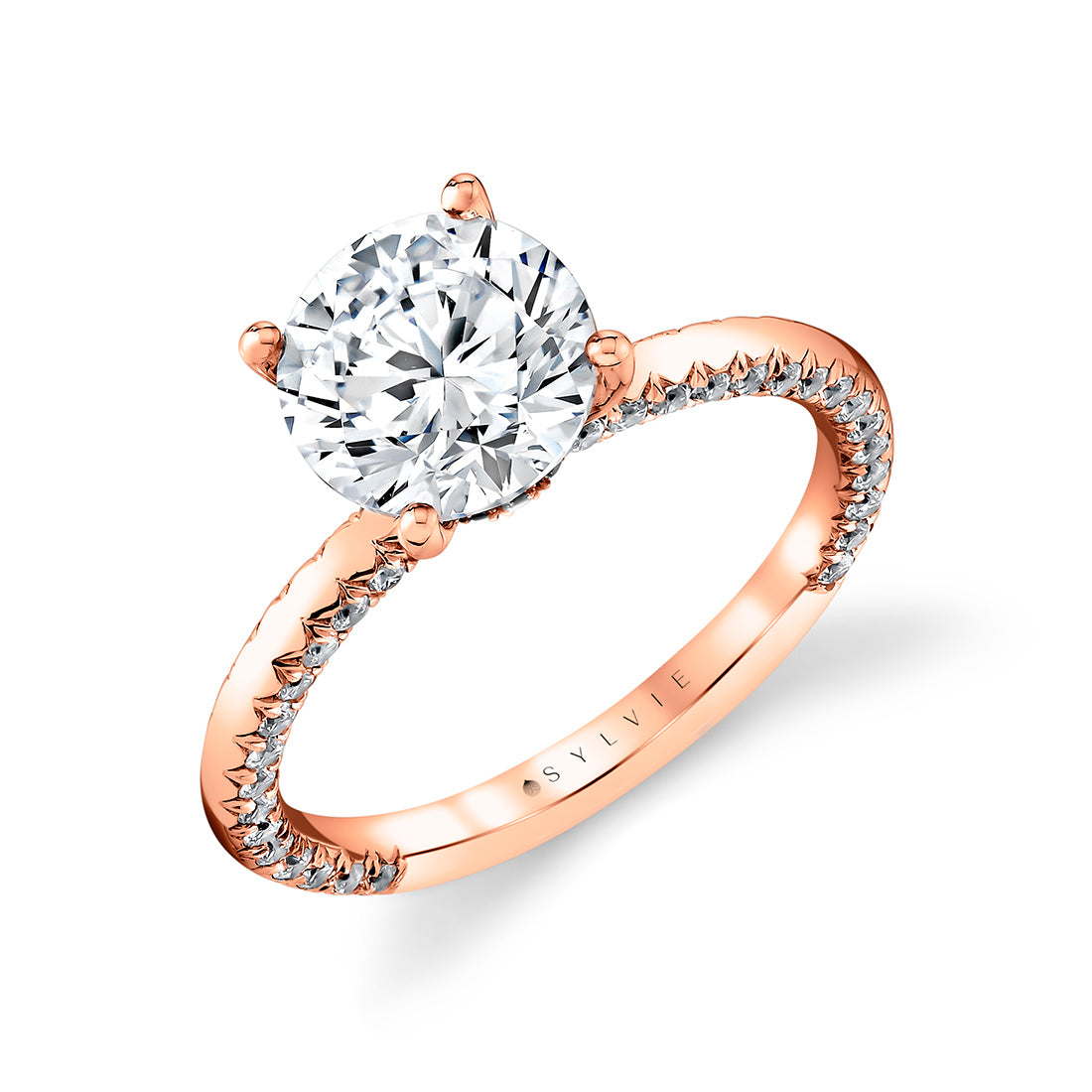 (18K Rose) Round Cut Solitaire Engagement Ring with Diamond Profile and Hidden Halo Collar - Ciela