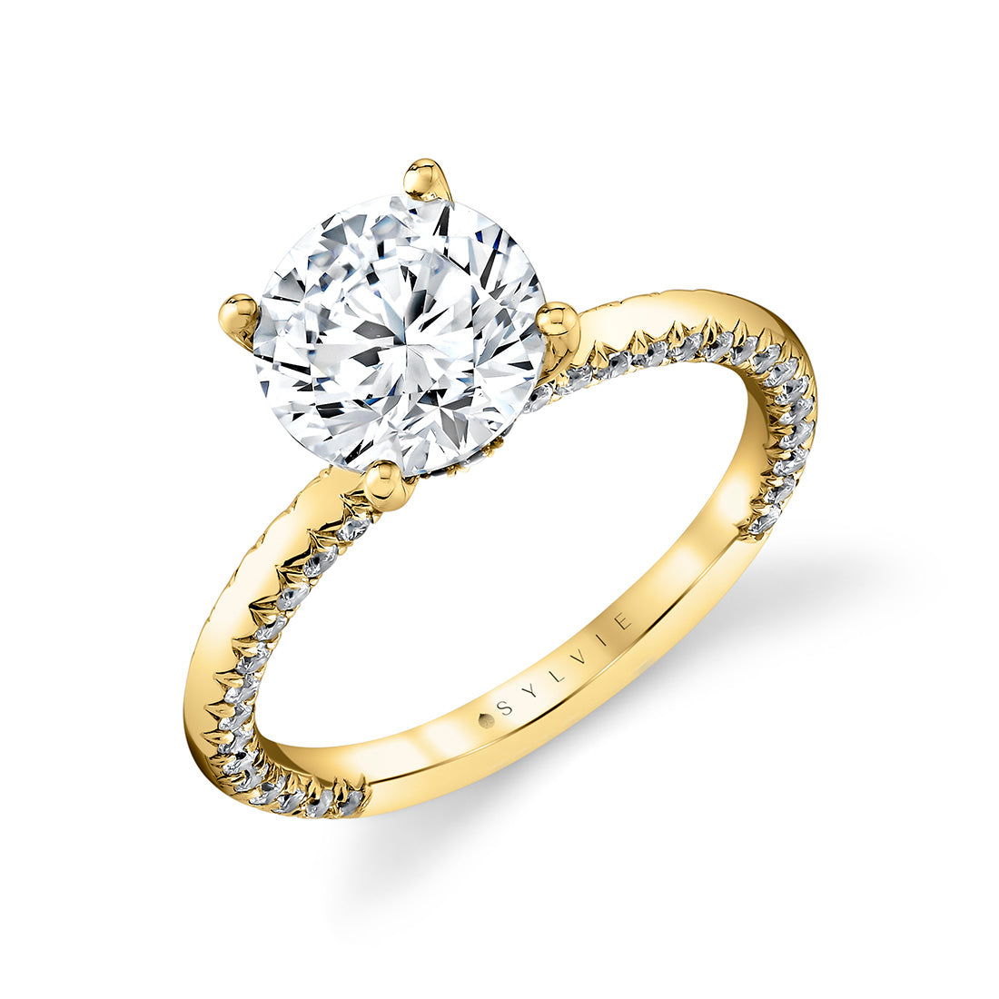(18K Yellow) Round Cut Solitaire Engagement Ring with Diamond Profile and Hidden Halo Collar - Ciela