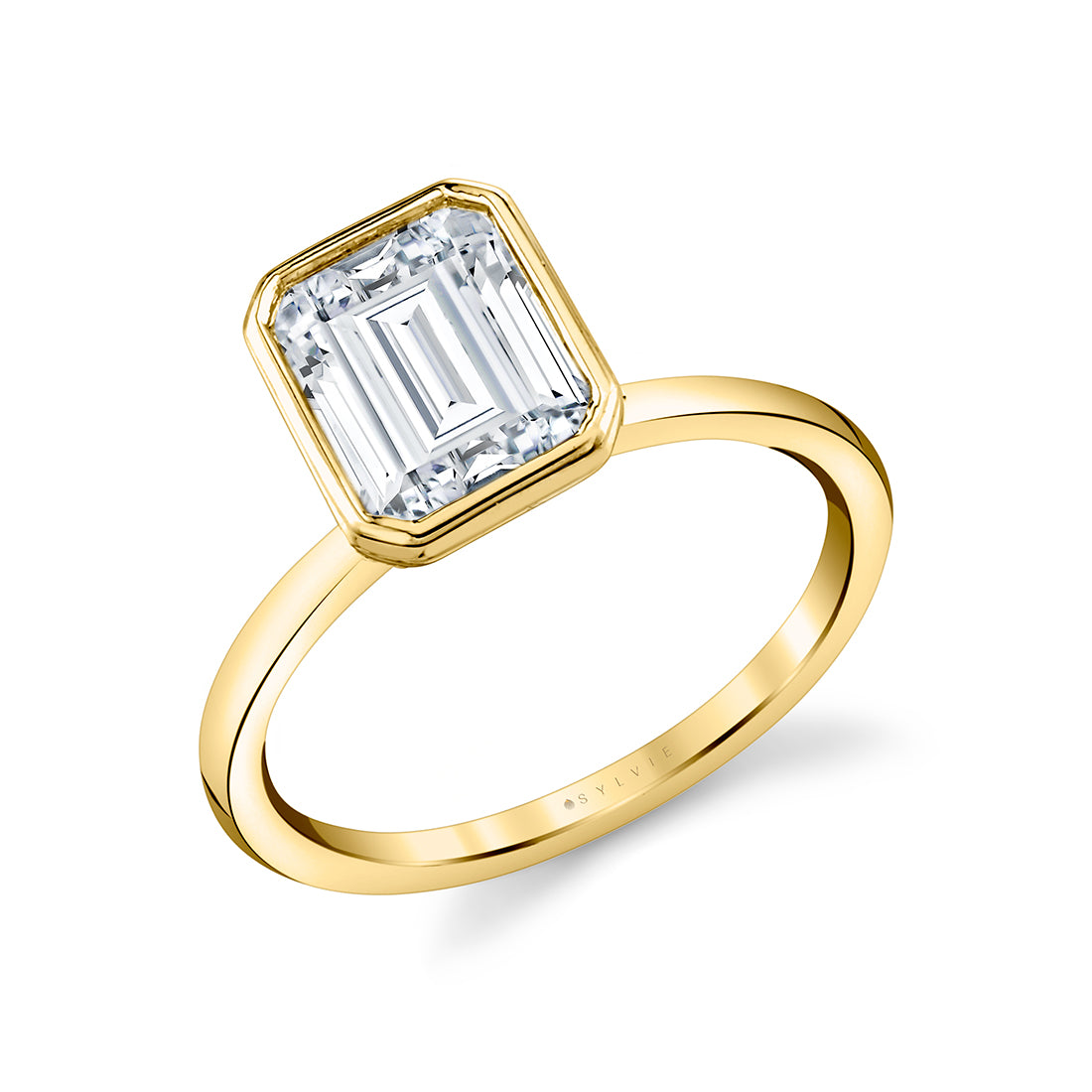 (14K Yellow) Emerald Cut Bezel Set Engagement Ring - Cliodhna