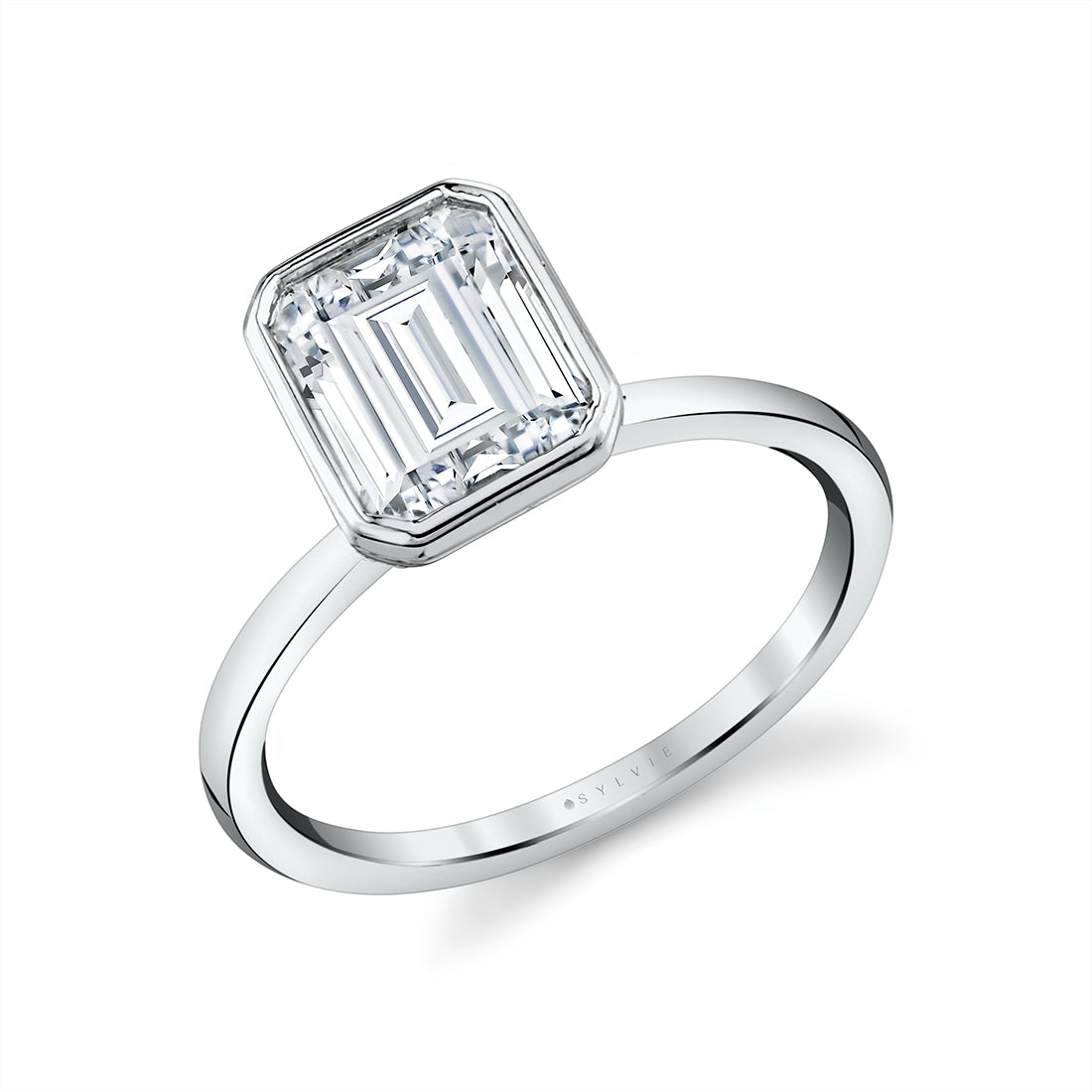 (Platinum White) Emerald Cut Bezel Set Engagement Ring - Cliodhna