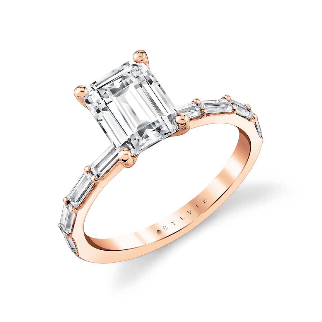 (14K Rose) Emerald Cut Baguette Engagement Ring - Odessa