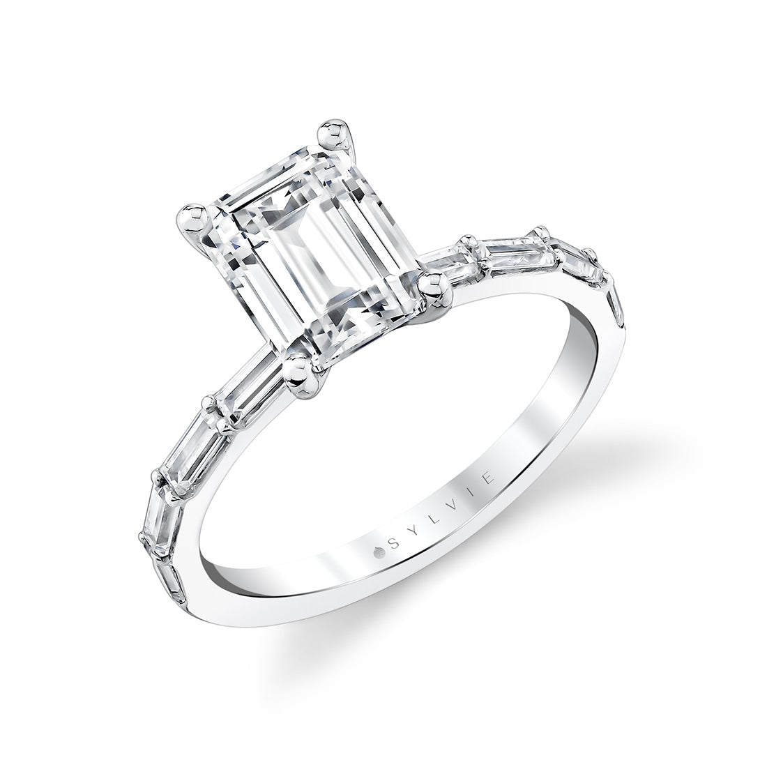 (18K White) Emerald Cut Baguette Engagement Ring - Odessa