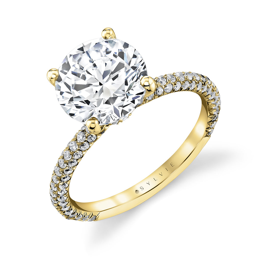 (14K Yellow) Round Cut Pave Engagement Ring with Diamond Collar - Evanthe
