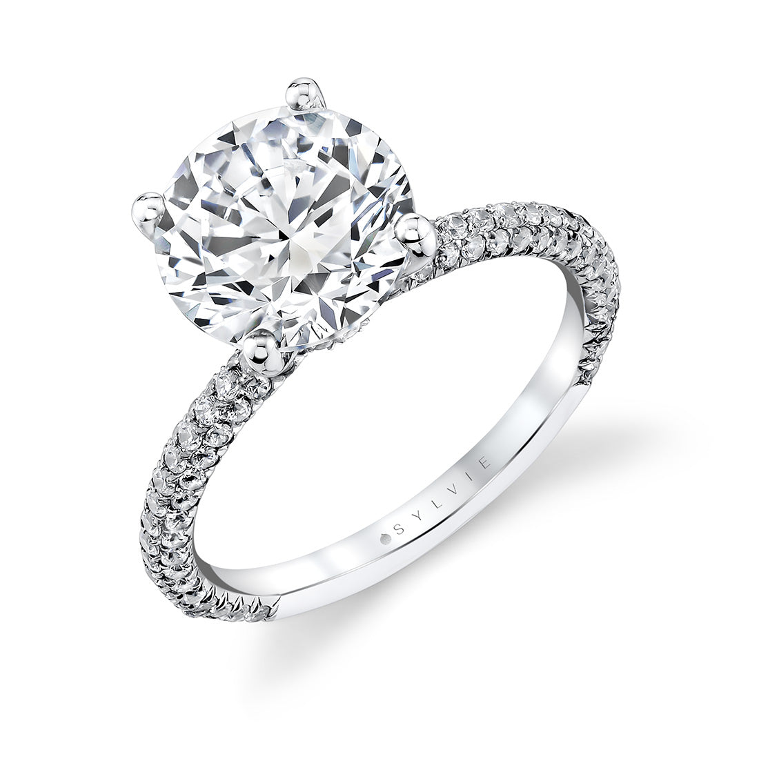 (Platinum White) Round Cut Pave Engagement Ring with Diamond Collar - Evanthe